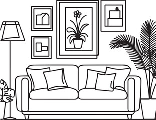 Continuous line interior with sofa, plant, lamp and frames for photo. One line drawing of Living room with modern furniture editable stroke. Single line. Handdraw contour. Flower in pot. Doodle vector
