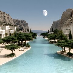Serene Coastal Resort With Lush Greenery And Clear Blue Water Under The Moon
