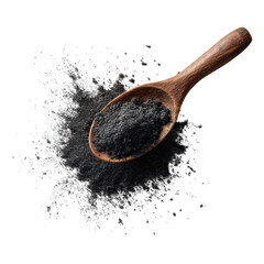 Charcoal Powder in Wooden Spoon: High-angle shot of charcoal powder with wooden spoon for cosmetic ingredient