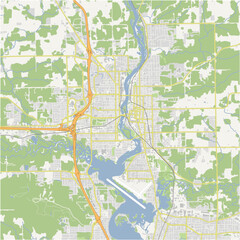 Map of Wausau in Wisconsin in a normal road map style. Contains layered vector with roads water, parks, etc.