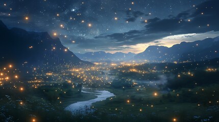 Naklejka premium Magical fantasy village nestled in mountains under a starry night sky
