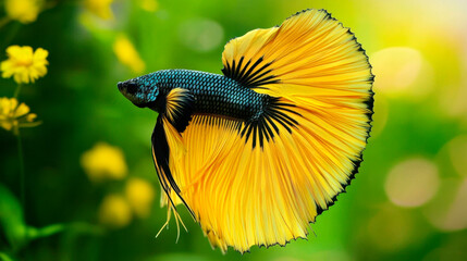 A beautiful betta fish with a long, fBeautifully colored, photo-realistic, with a detailed background , Siamese fighting fish