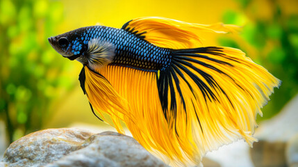 A beautiful betta fish with a long, fBeautifully colored, photo-realistic, with a detailed background , Siamese fighting fish