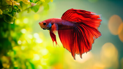 A beautiful betta fish with a long, fBeautifully colored, photo-realistic, with a detailed background , Siamese fighting fish