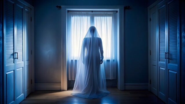 Ethereal figure in a dark hallway by a lighted window - Powered by Adobe