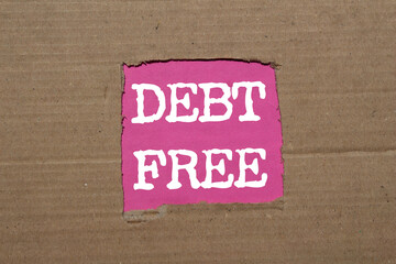 Debt free message written on ripped torn cardboard paper on pink background. Conceptual debt free...