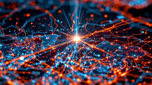 Glowing digital network map with vibrant connection points and bright central hub illustrating global data flow and cyber intelligence energy