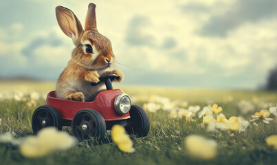 Easter Bunny riding old pedal car through spring meadow