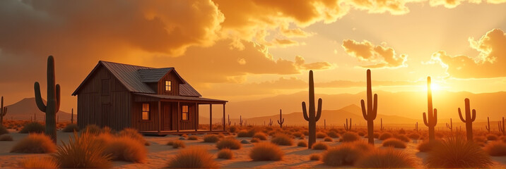 Rustic wooden house illuminated by golden desert sunset, surrounded by tall saguaro cacti and dramatic clouds, symbolism of resilience and survival.