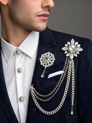 Close up of a man in a suit with decorative pins and chains showcasing elegant formal wear details