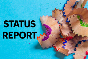 Status report message written on blue background. Conceptual status report symbol. Copy space.
