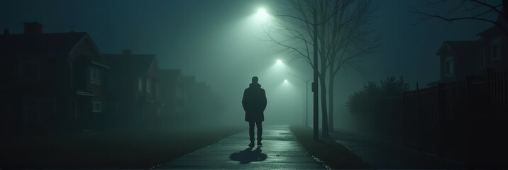 A lone man in a coat walking down a dimly lit suburban walkway at night, creating a suspenseful atmosphere.