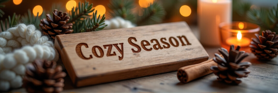 Handcrafted wooden plaque engraved with "Cozy Season" on rustic table with pinecones and cinnamon, warm ambiance concept.