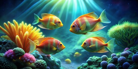 Vibrant Reef Inhabitants A captivating underwater scene featuring four brilliantly colored fish gracefully swimming amidst a lush coral reef, bathed in a soft, ethereal light.