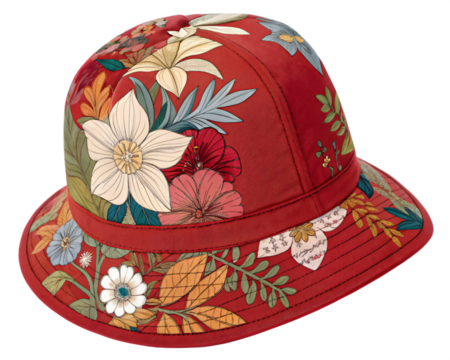 Red Floral Embroidered Cloche Hat Exquisite Design  Summer Style Isolated On Transparent Background