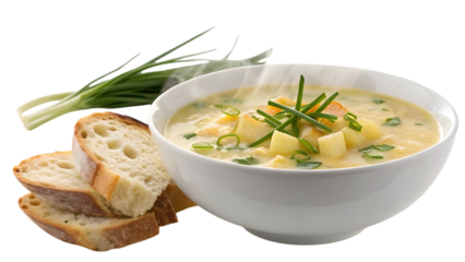 Hearty bowl of creamy seafood chowder garnished with fresh chives and crusty bread slices