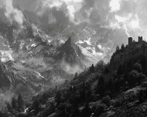 Misty Mountain Range Grayscale Landscape View