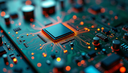Detailed Close-up of Modern Computer Chip and Electronic Components on a Futuristic PCB, Emphasizing Digital Information Processing