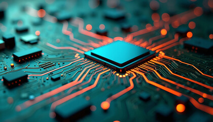 Brightly Lit Semiconductor Chip on a Dark Circuit Board, Evoking Concepts of Artificial Intelligence, Big Data, and Global Networks