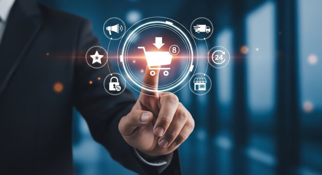 Businessman's finger touches a digital shopping cart interface representing online commerce with icons for delivery, store, security, and promotion.