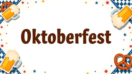 Fototapeta premium Bright and festive Oktoberfest poster with bold lettering, Bavarian symbols, and traditional decorations in modern flat vector style, perfect for event promotion.