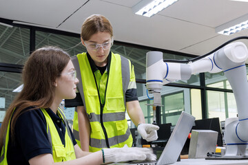 automation machine engineer woman students study and inspection control robot arm machine in robotics engineering academy at university or factory workshop. AI robot technology,