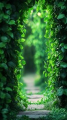 Fototapeta premium Walking Path Through Green Garden Tunnel with Leafy Vines
