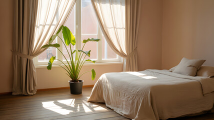 Minimalist cozy bedroom with sunlight through curtains and large green plant in warm natural interior