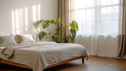 Cozy minimalist bedroom with unmade bed and monstera plant in soft morning light