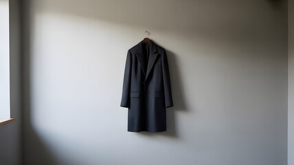 Dark pinstripe coat hanging on wall in minimalist room with soft natural side light and quiet atmosphere
