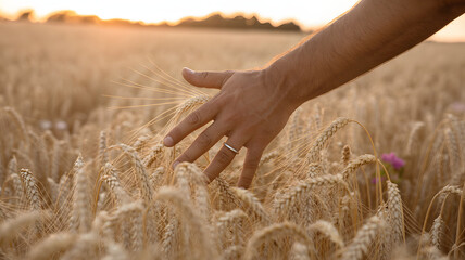 Hand of man touching golden wheat ears at sunset in peaceful summer field with warm evening light