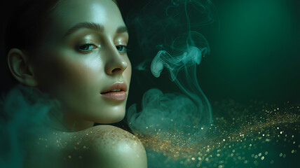 Enchanting close-up of woman with glowing skin, emerald smoke and golden sparkle fantasy atmosphere