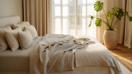 Cozy minimalist bedroom with unmade bed and monstera plant in soft morning light