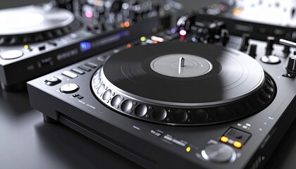 Close-up cinematic shot of a disc jockey’s music instrument featuring detailed views of turntables, mixers, illuminated controls, and tactile buttons, capturing the energy of live DJ performance