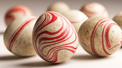 A hyper-realistic photograph of several eggs with an elegant pattern on the eggshells, resembling two lines in red and white colors, arranged artistically against a neutral background.