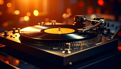 Close-up cinematic view of a DJ turntable showcasing spinning vinyl, tactile knobs, illuminated buttons, and precise controls, capturing the vibrant energy and skill of a live DJ performance