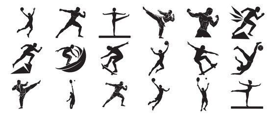 Collection of diverse sports player silhouettes in dynamic poses