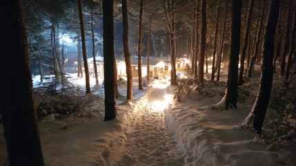 Naklejka premium Snowy Forest Path at Night with Illuminated Buildings