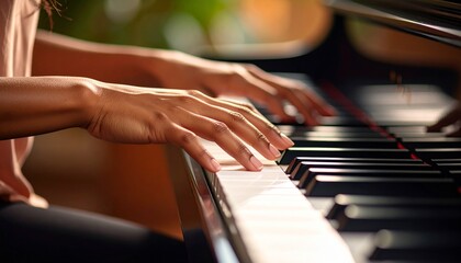 Obraz premium Close-up cinematic view of a pianist’s fingers gracefully playing the piano keys, showcasing skill, precision, and emotion in a captivating musical performance with elegant hand movements