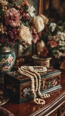 Antique jewelry box adorned with pearls and surrounded by vintage floral arrangements