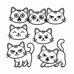 Black and white vector icon sheet of cats showing diverse emotions and poses &ndash; Great for emotive pet illustrations, apps, or animal communication themes
