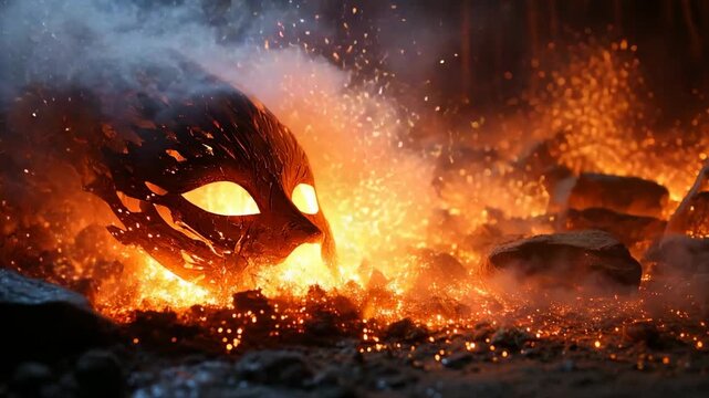 Fiery mask in a forge