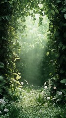 Walking Through Lush Green Path with Light Beams and White Flowers