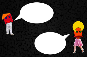 Cartoon Meme Couple with Empty Speech Bubbles on Black Background.