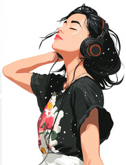 A woman listen to music with her headphone, she feel music and dance, realism, background is white 