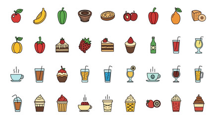 A collection of colorful, minimalist icons depicting various foods and drinks, including fruits, desserts, and beverages, arranged in rows on a white background.