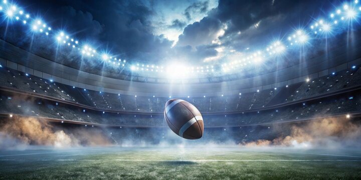 A lone football hangs suspended in the air, a dramatic spotlight illuminating the empty stadium, hinting at the thrill of an upcoming game
