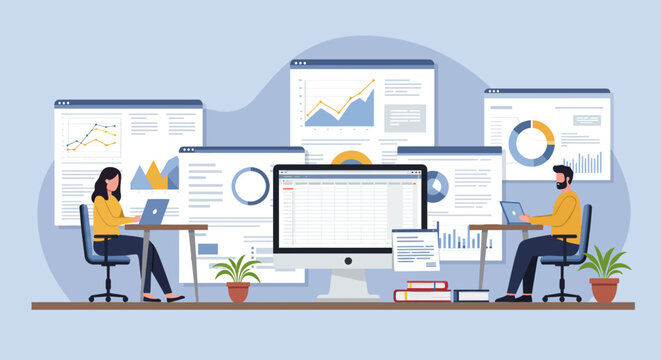 Business Professionals Analyzing Data on Computer Screens.