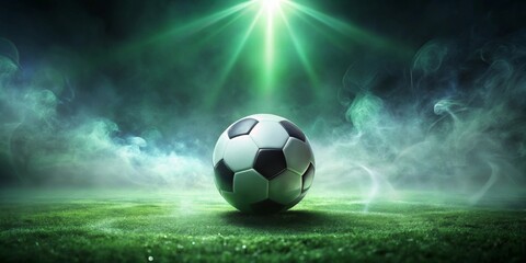Fototapeta premium A lone soccer ball rests on a dewy field, illuminated by a single spotlight amidst swirling green smoke, creating a dramatic and mysterious scene.