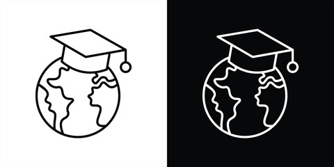 global graduation icon. contain worldwide education, knowledge without borders, academic excellence across continents thin line style icon symbol sign. vector illustration